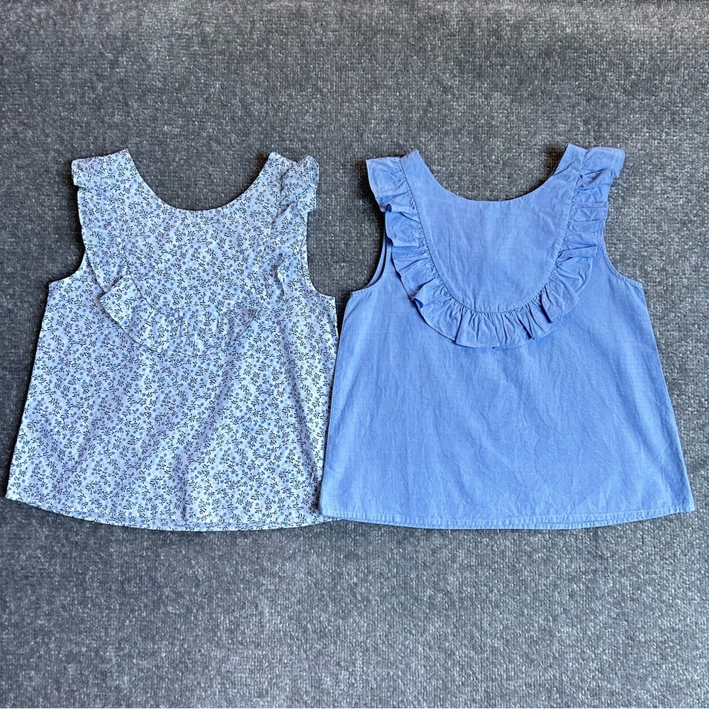 Jacadi Paris Bundle of 2 Blue And Floral Sleeveless Ruffled Tops, Size 8A